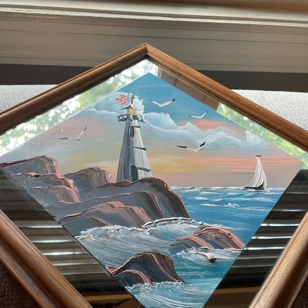 One of a kind lighthouse/coastal scene diamond shaped mirror